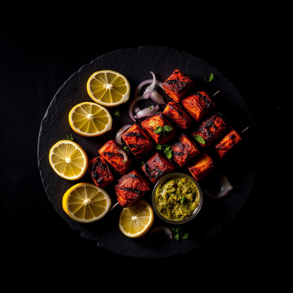 Overhead view of a tandoori platter with lemon, onion and mint chutney